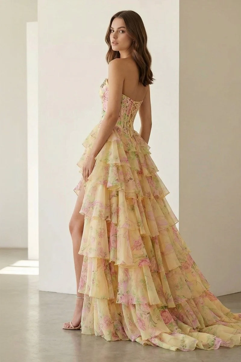 Yellow - Scoop Neck A Line Floral Chiffon Ruffled Prom Dresses With Beading