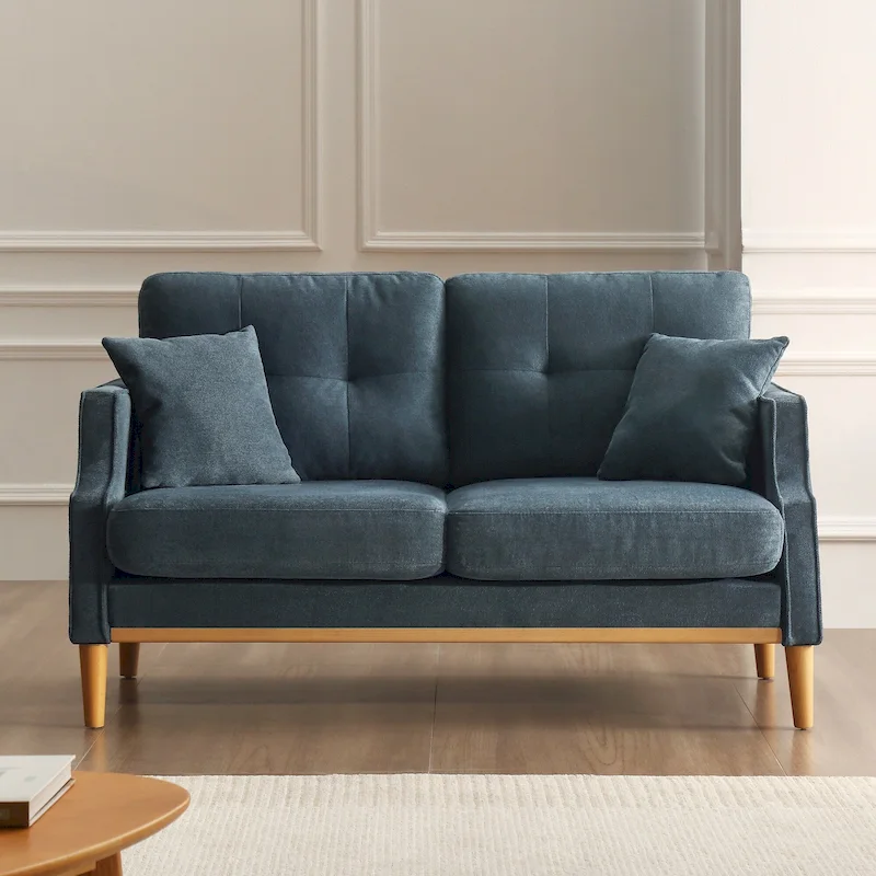 Dark Blue/Cream/Baby Blue Fabric 2-Seater Loveseat with USB Port