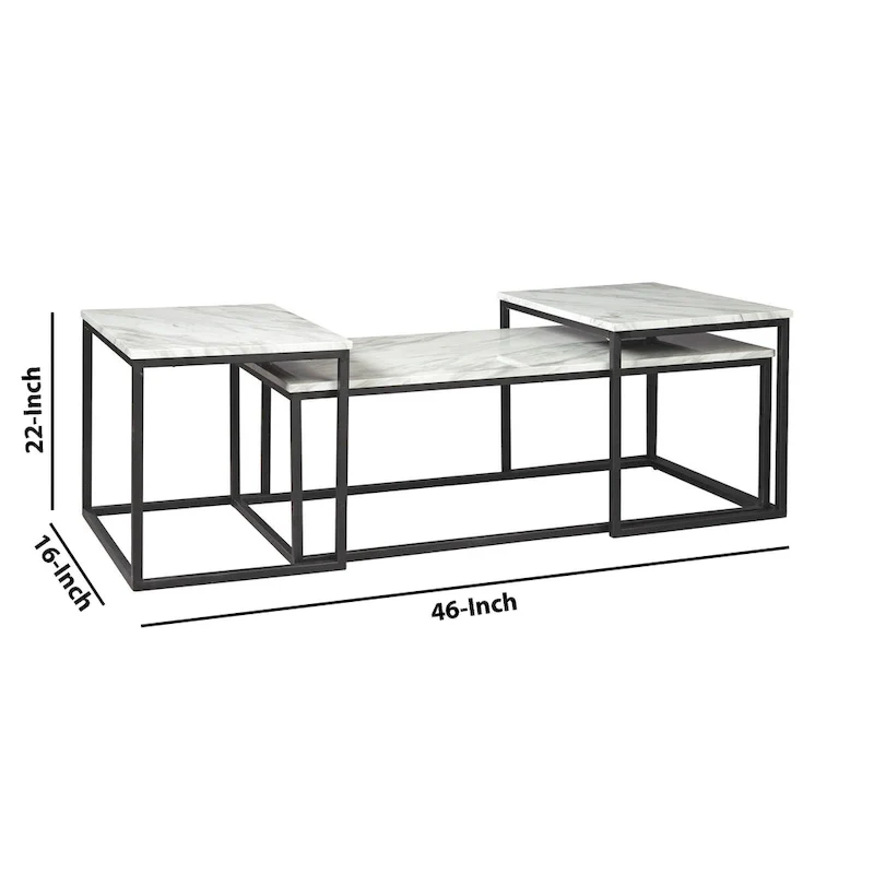 3 Piece Occasional Table, Metal Frame, Marble Top, White and Black