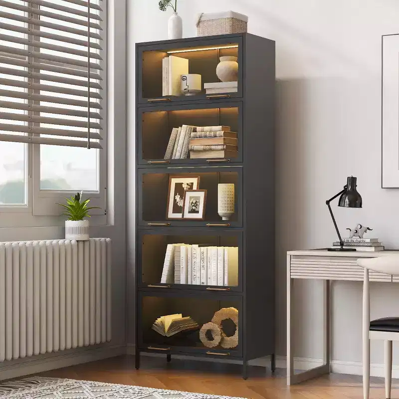 Okak Tall Storage Cabinet, Display Cabinet with 5 Glass Doors and 5 Shelves, Modern Style Curio Cabinet for Home Living Room Office