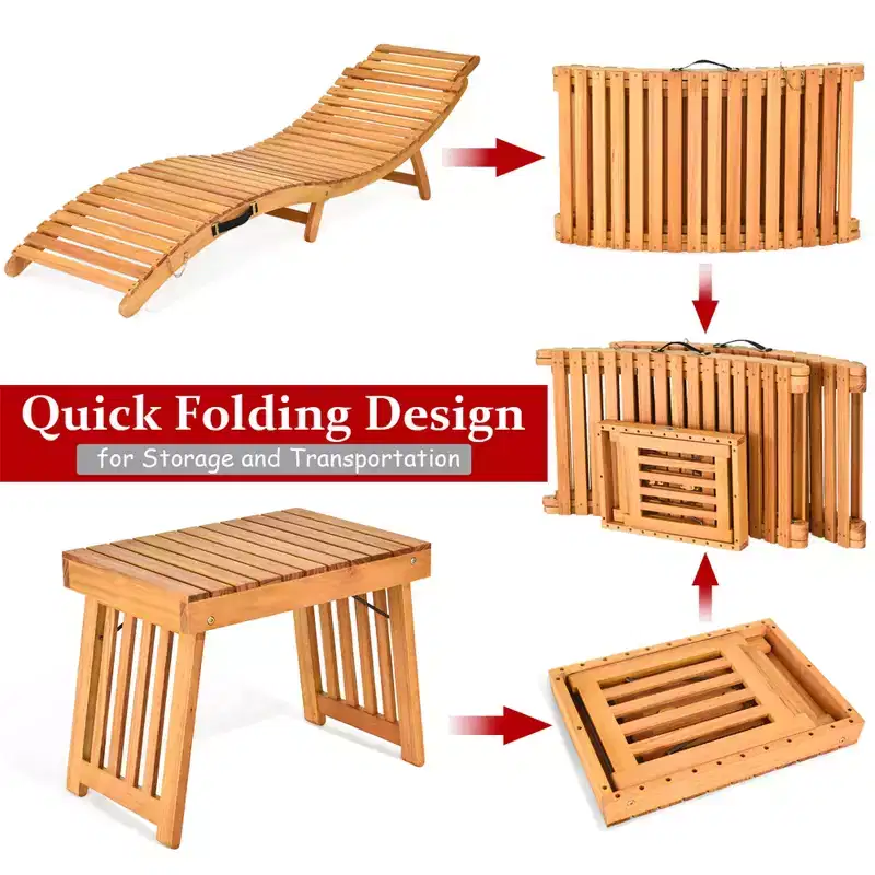 Costway 3PCS Wooden Folding Lounge Chair Set Cushion Pad Pool Deck