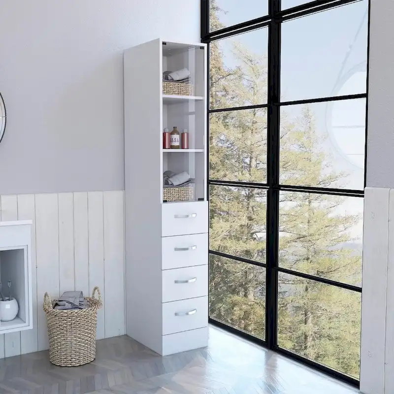 White Linen Cabinet with Glass Door, 3 Interior Shelves & 3 Drawers