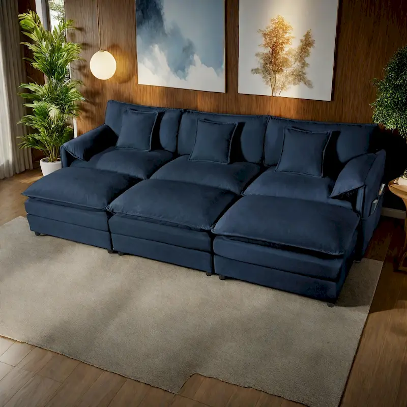 109.45 Chenille Upholstered 3-Seater Sleeper Modular Sectional Sofa with Double-Layer Cushions