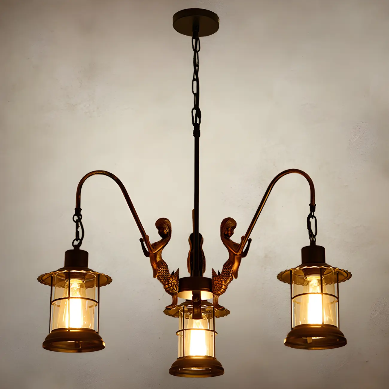 Industrial Black Metal Lantern Wheel Chandelier