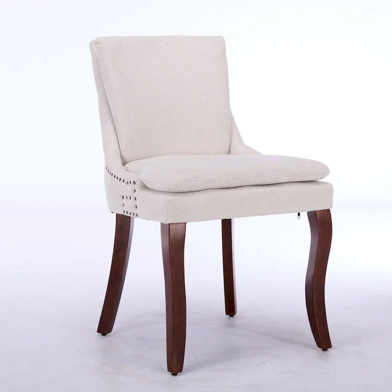 Double-layer Cushioned Dining Chairs Set of 2 Chenille Mid-Back Chair with Nailhead Trim Side Chair with Bent Wood Legs