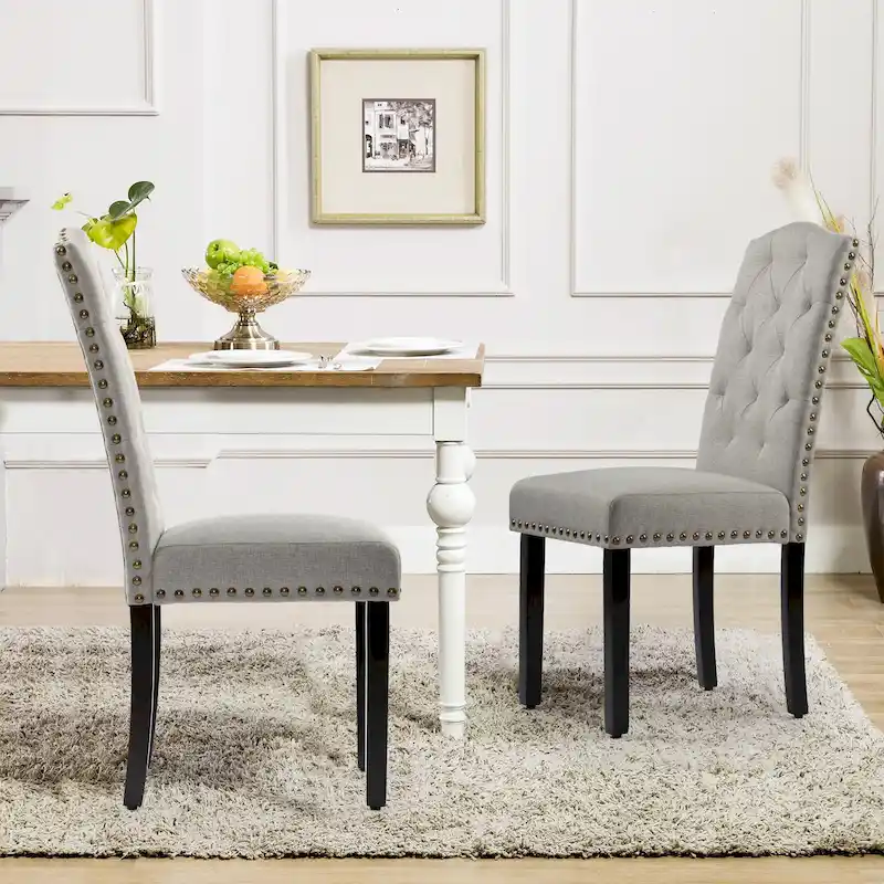 Solid Wood Tufted Dining Chairs, Kitchen Dining Room Chairs with Bronze Nailhead Trim Set of 2