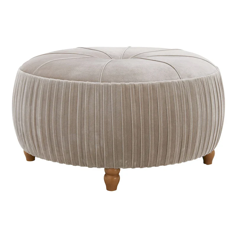 Velvet Round Ottoman with Pleated Design