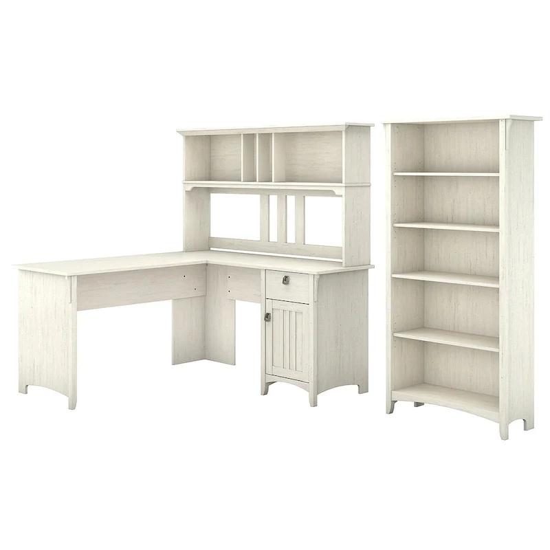 Salinas 60W L Shaped Desk with Hutch and 5 Shelf Bookcase in White