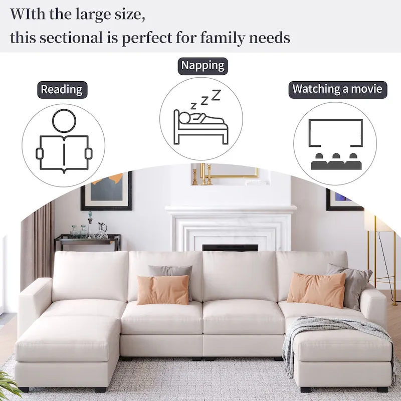 3 Pieces U shaped Sectional Sofa with 2 Removable Ottomans