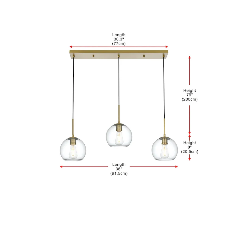 Clear Spherical Glass/ Metal 3-Light 36-inch Pendant