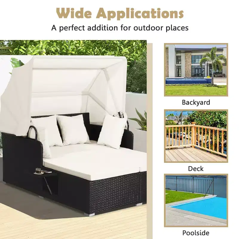 Costway Patio Rattan Daybed Lounge Retractable Top Canopy Side Tables Cushions Off White/Red/Turquoise/Beige