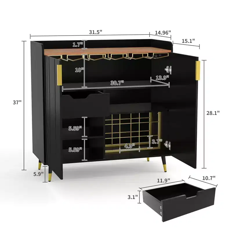 Black Small Sideboard Buffet Cabinet, Fluted Doors, Built-in Wine Rack for Dining or Living Room