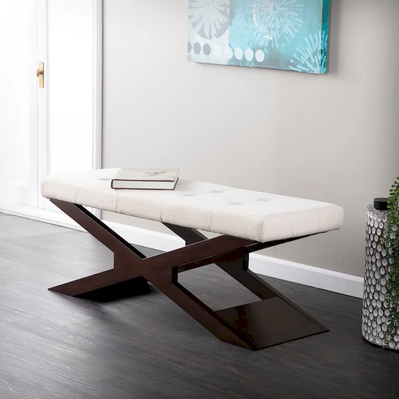Off White Button-Tufted Upholstered Entryway Bench with Espresso Legs, Transitional Style, 1-Person