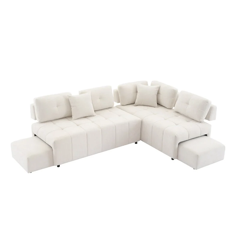 91.73 L-Shaped 4-Seat Sectional Sofa with 2 Hidden Stools, 2 Removable Lumbar Cushions, and Durable Chenille Fabric