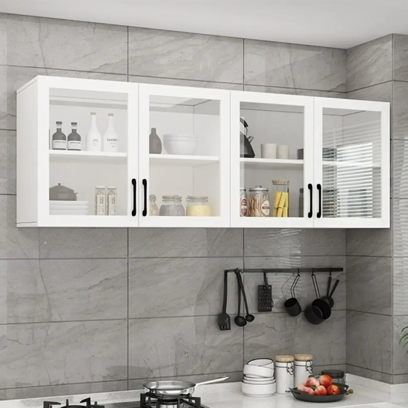Kitchen Floating White Wood Glass Enclosed Display Cabinet
