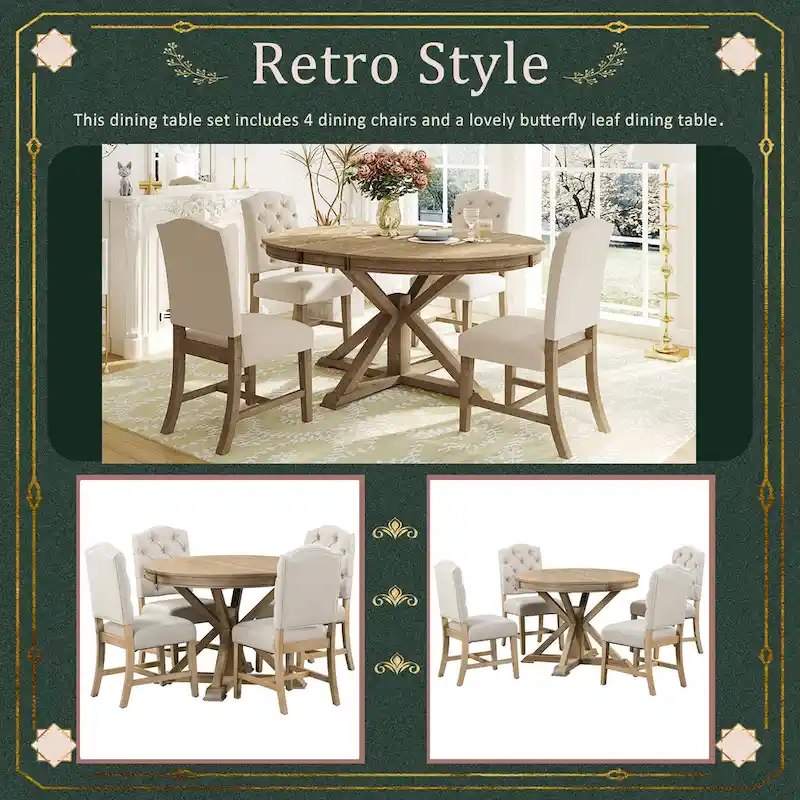 Natural Wood Wash Retro 5-Piece Wooden Dining Table Set with Extendable Round Table & 4 Chairs
