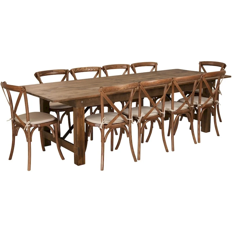 9' x 40 Rustic Folding Farm Table Set with 10 Cross Back Chairs and Cushions