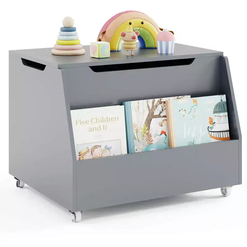 Costway Kids Toy Box Wooden Mobile Toy Storage Organizer with Bookshelf & Lockable Wheels White/Gray