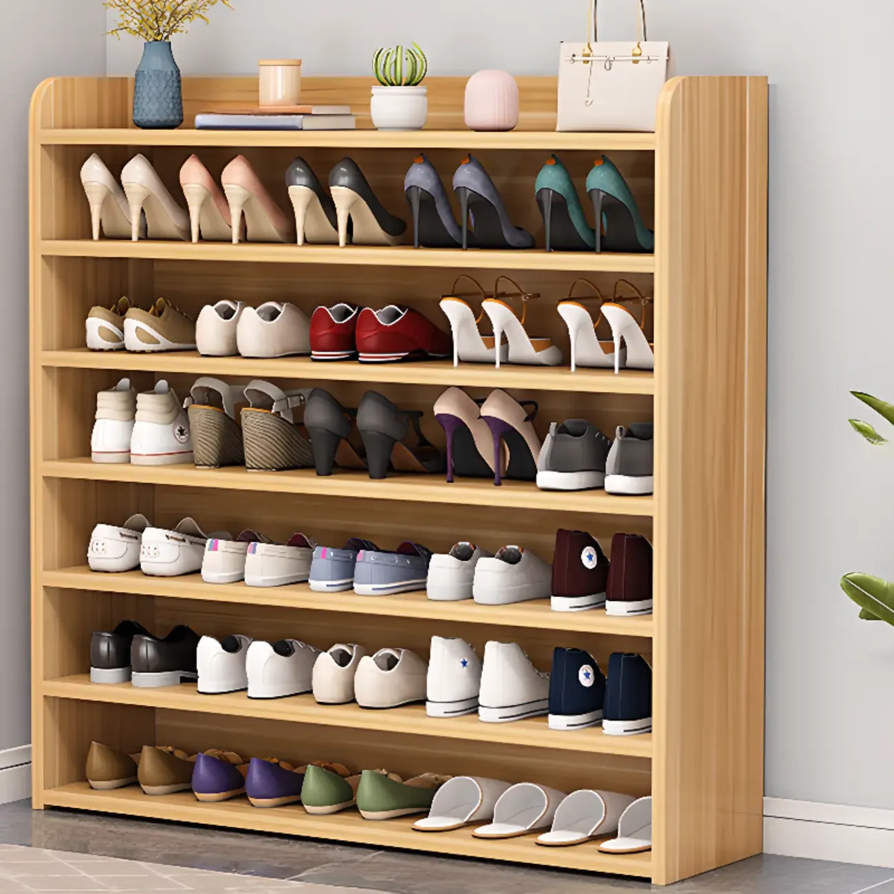 Vertical White Wooden Hallway 6-Tier Open Shoe Rack