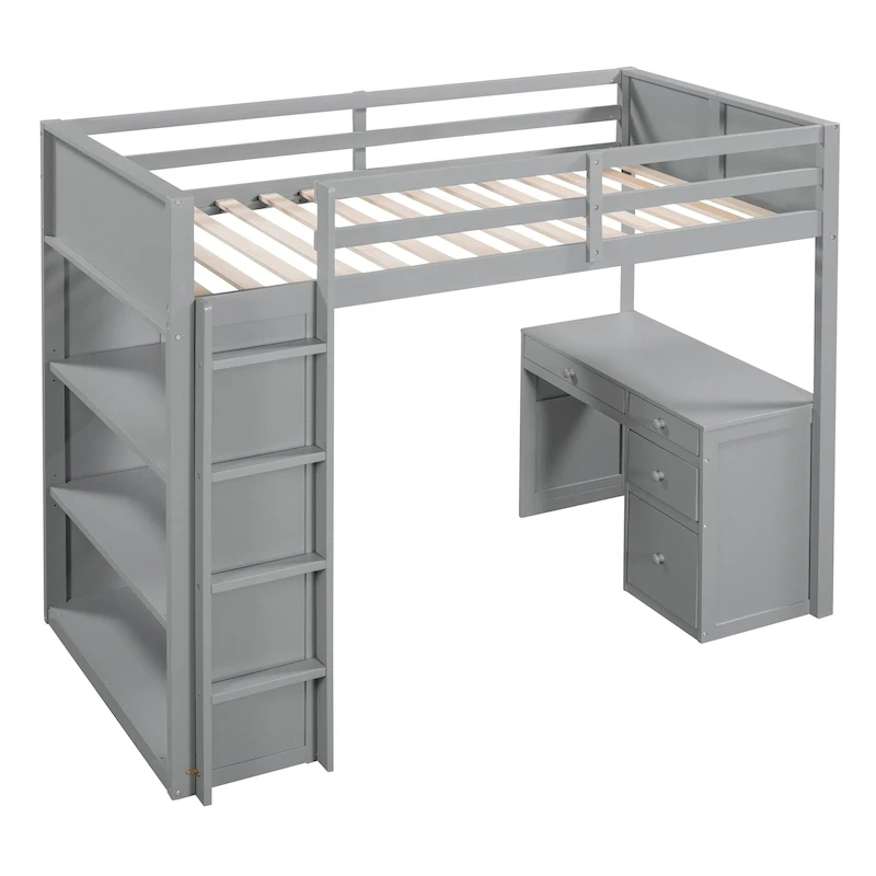 Twin Size Loft Bed with Ladder, Shelves, and Desk