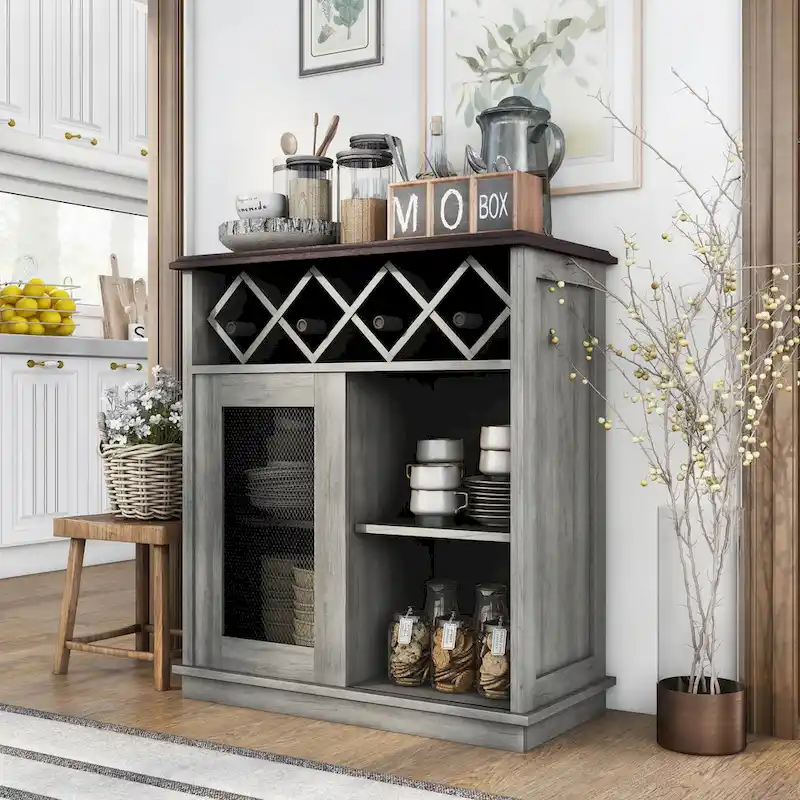 Farmhouse Four Shelf and Four Bottle Lattice-like Wine Buffet