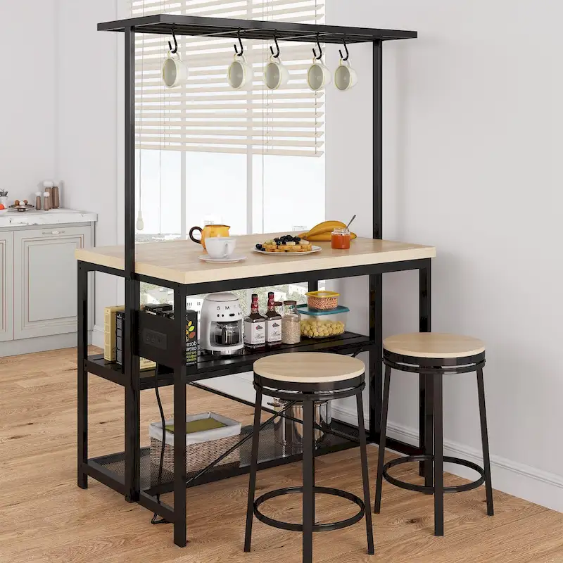 Natural / Brown / Beige Kitchen Island Table with 3-Tier Shelves, 5 Hooks & 4 Power Outlets – 4-Seater