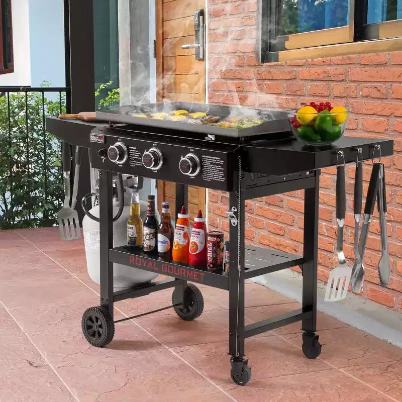 RoyalGourmet 3-Burner Propane Gas Griddle with Collapsible Side Shelves GB3000HTG Black