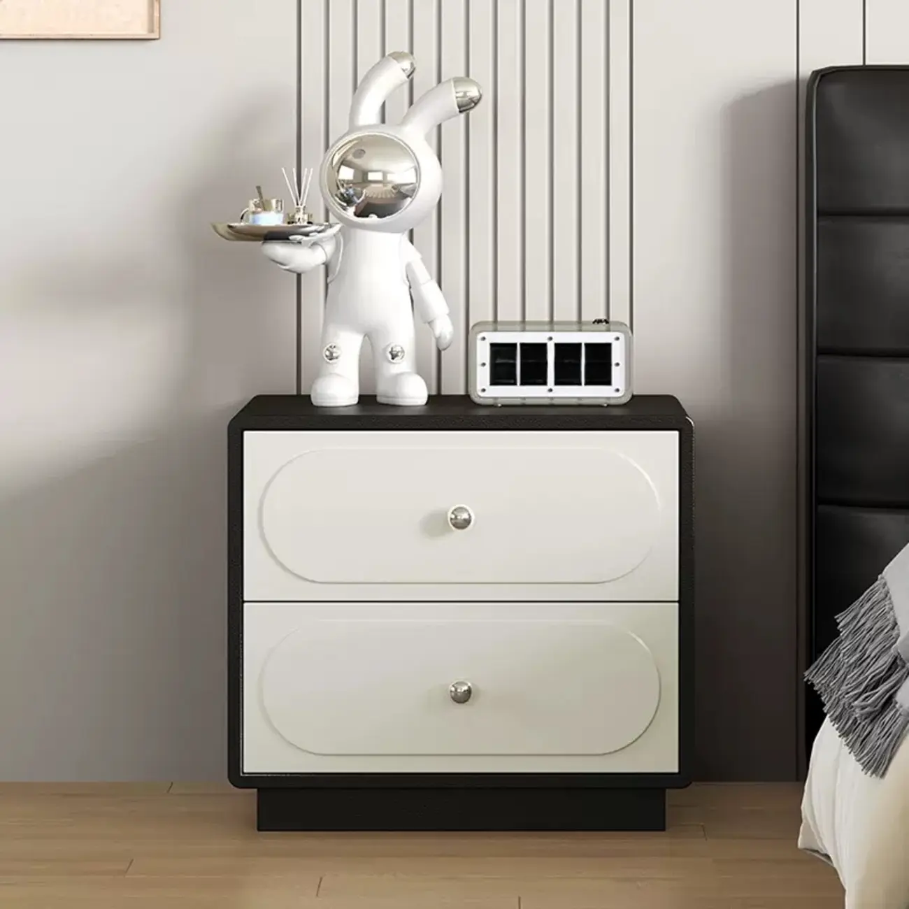 Modern Black White Leather Wood 2-Drawer Nightstand