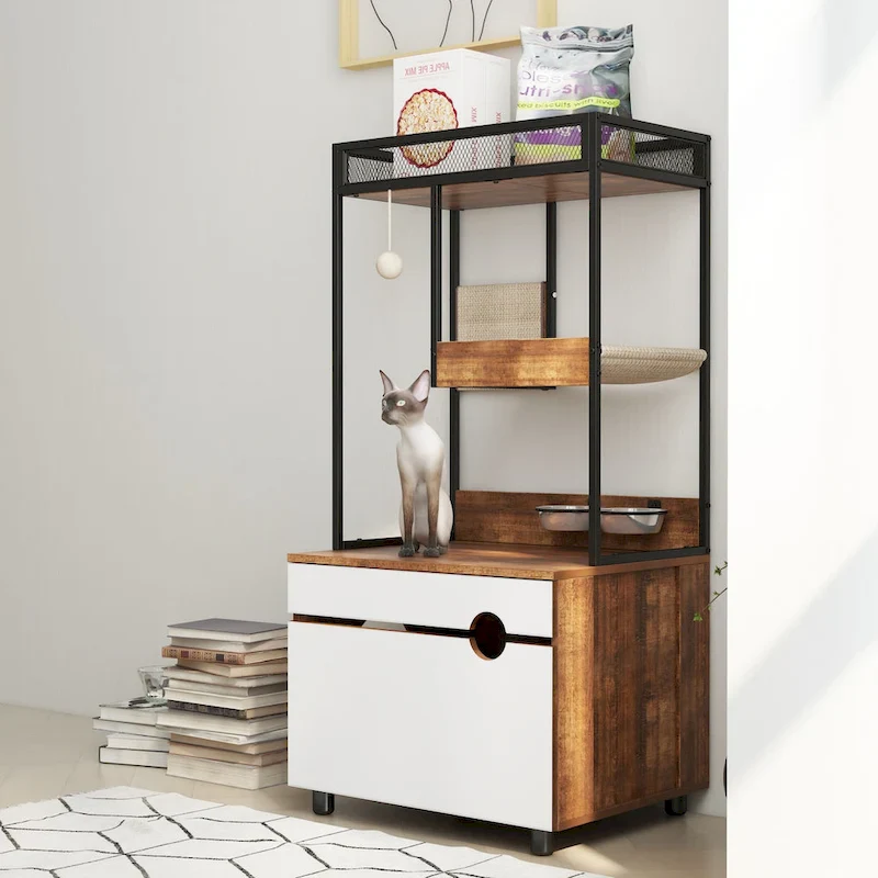 Cat Litter Box Enclosures with Cat Tree Tower, Cat Furniture ,Cat Cabinet