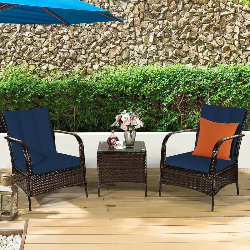 Costway 3 PCS Patio Rattan Furniture Set Coffee Table & 2 Rattan Chair W/Navy Cushions