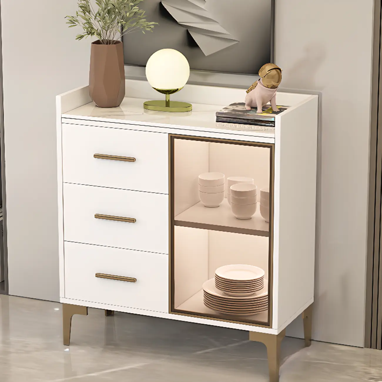 Trendy 6 Drawers White/Black Kitchen Cabinets with Metal Foot