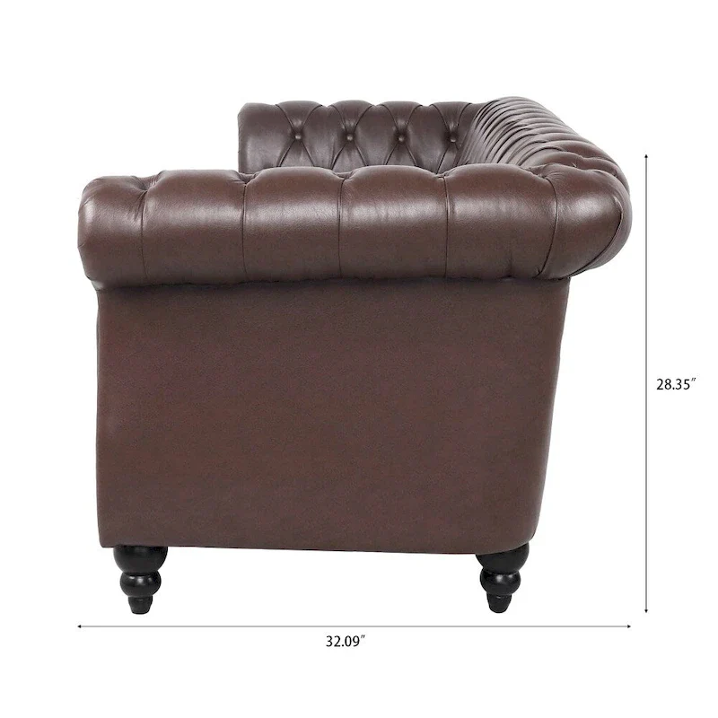 Brown Faux Leather Chesterfield Sofa for 3 People with Rolled Arms