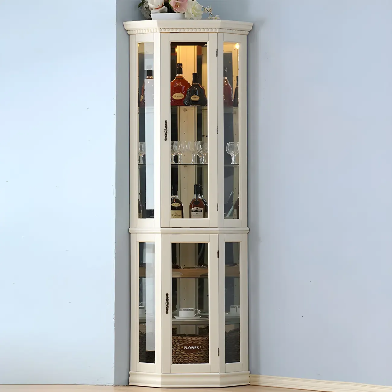 Classic White Wood Glass Display 5-Shelf Corner Cabinet