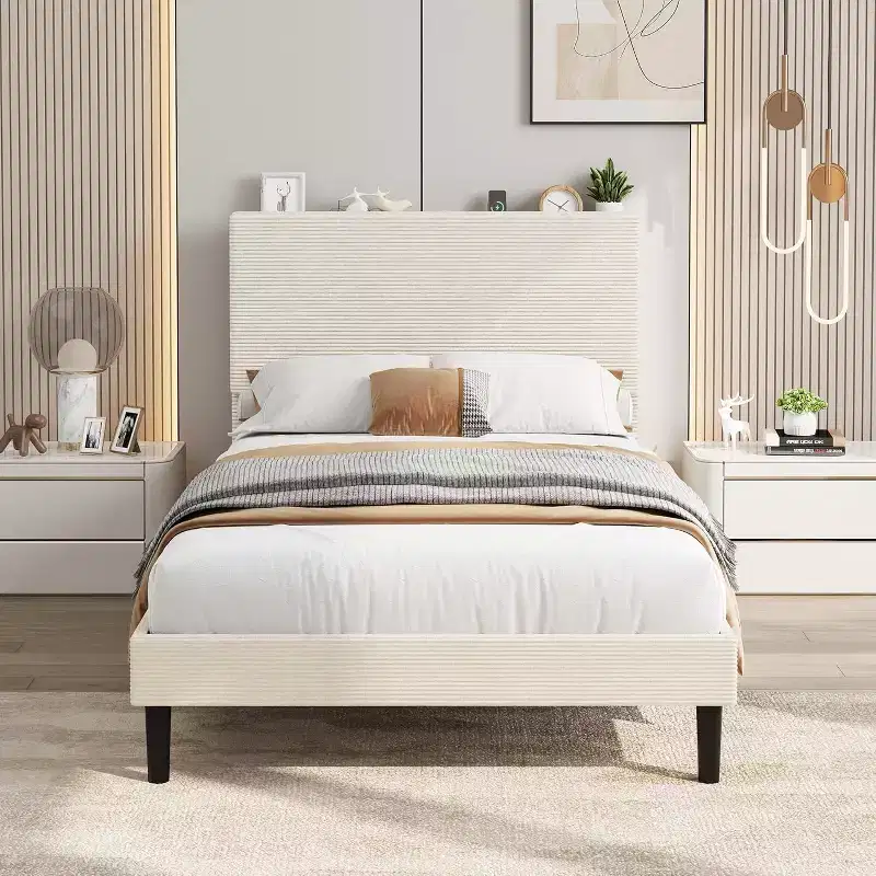 Acekool Corduroy Upholstered Bed Frame, USB Charging, Storage Headboard & Under-Bed Space for Bedroom