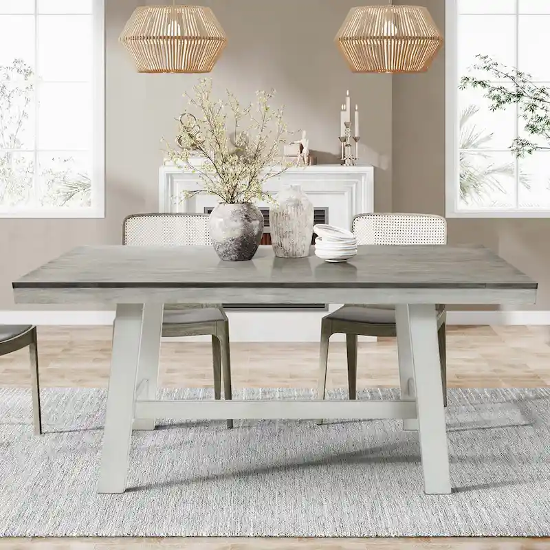 Rectangular Dining Table, Distressed Off White & Natural Wood, Seats 6