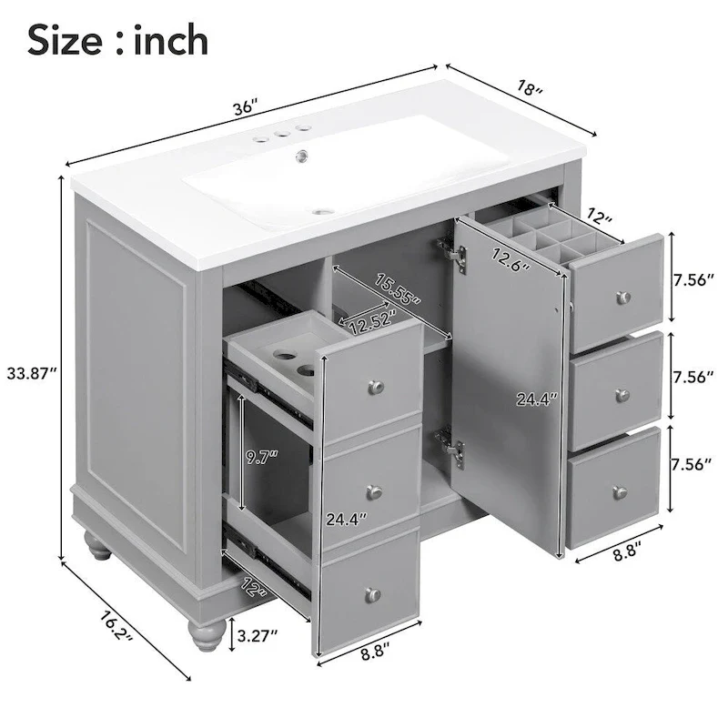 36 Inch Bathroom Vanity Cabinet with Resin Sink and Adjustable Shelves