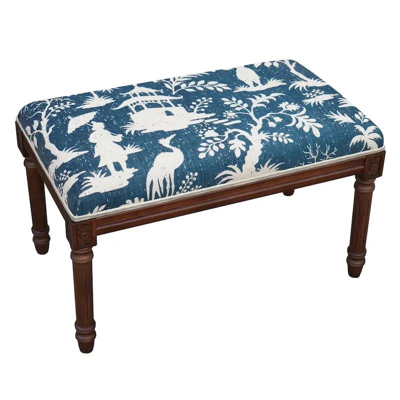 Blue Printed Linen Upholstered Bench with Wood Frame