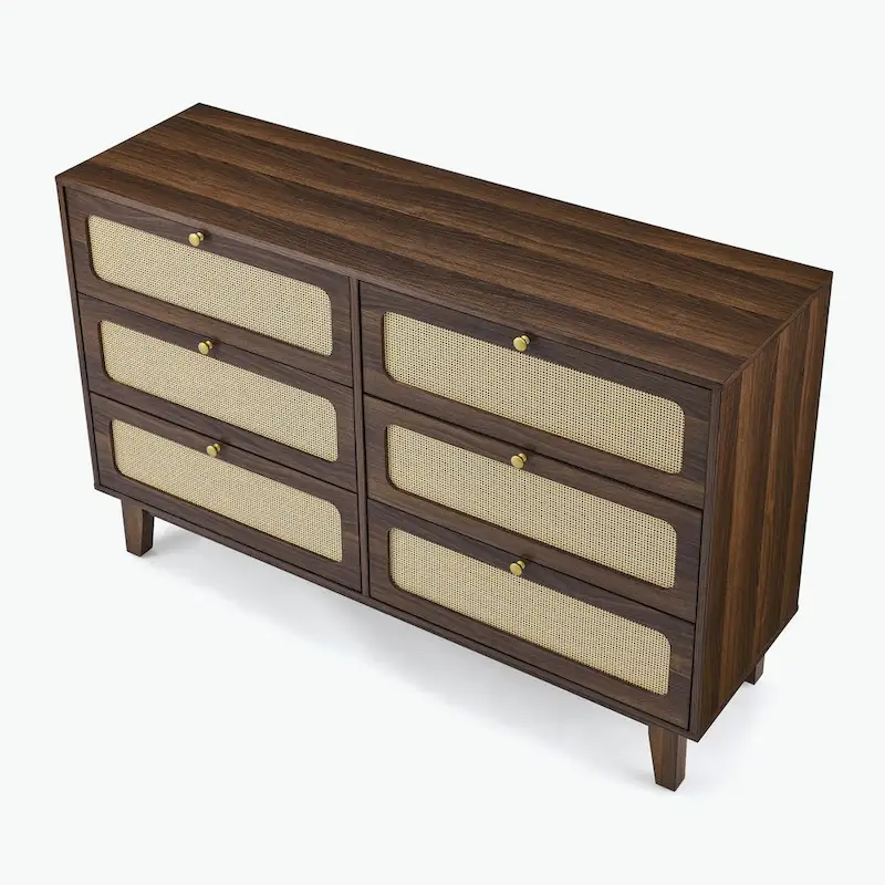 6-Drawer Dresser with Rattan Weave Fronts - Wood - 56 Inch