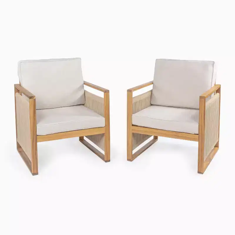 Gable Mid-Century Modern Roped Acacia Wood Outdoor Patio Chair with Cushions (Set of 2) - JONATHAN Y