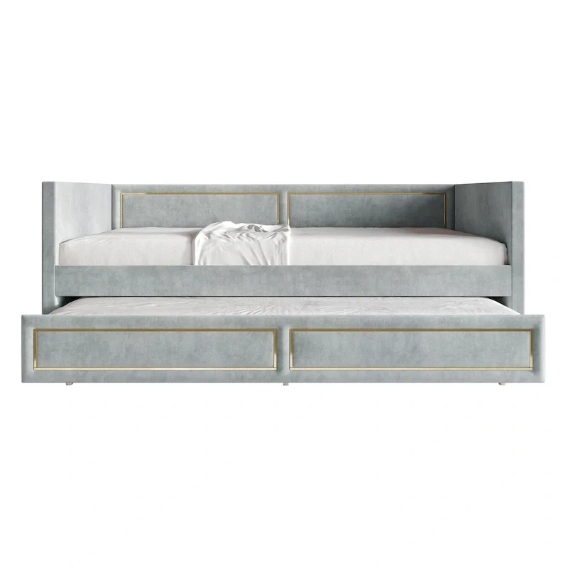 Twin Velvet Upholstered Daybed with Trundle, High Arm Panel & Gold PU Detail – Silver Grey / Black / Navy Blue, Sleeps 1–2