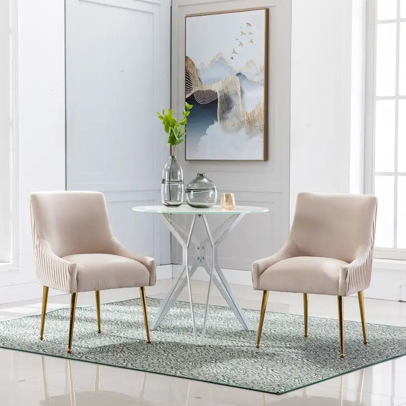 Beige/Grey/Black/Orange Tufted Fabric Dining Chair Set of 2 with Rear Handle