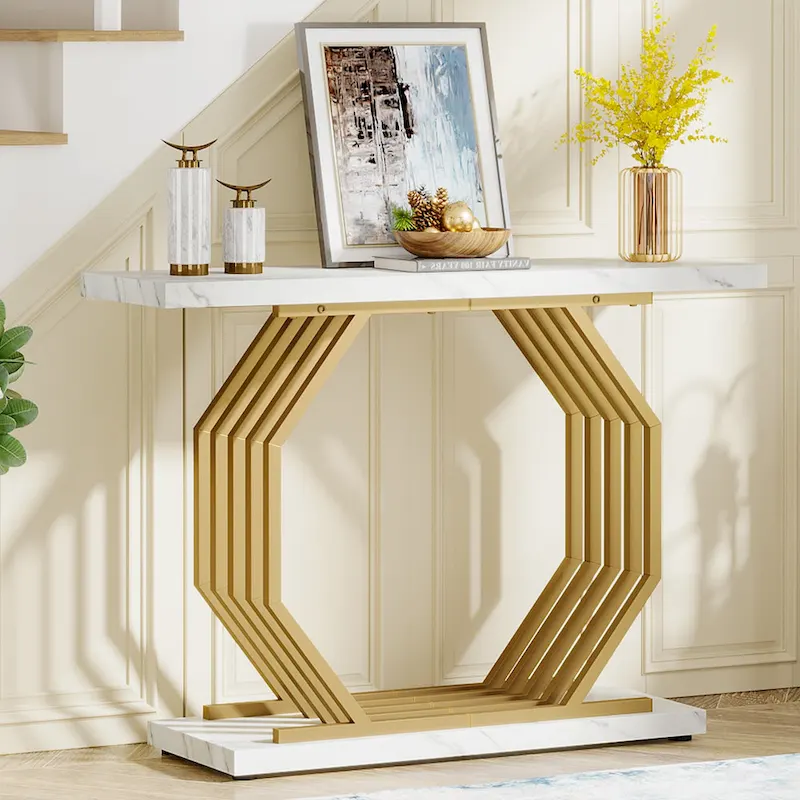 40 Inch Console Table with Faux Marble Top and Geometric Metal Base