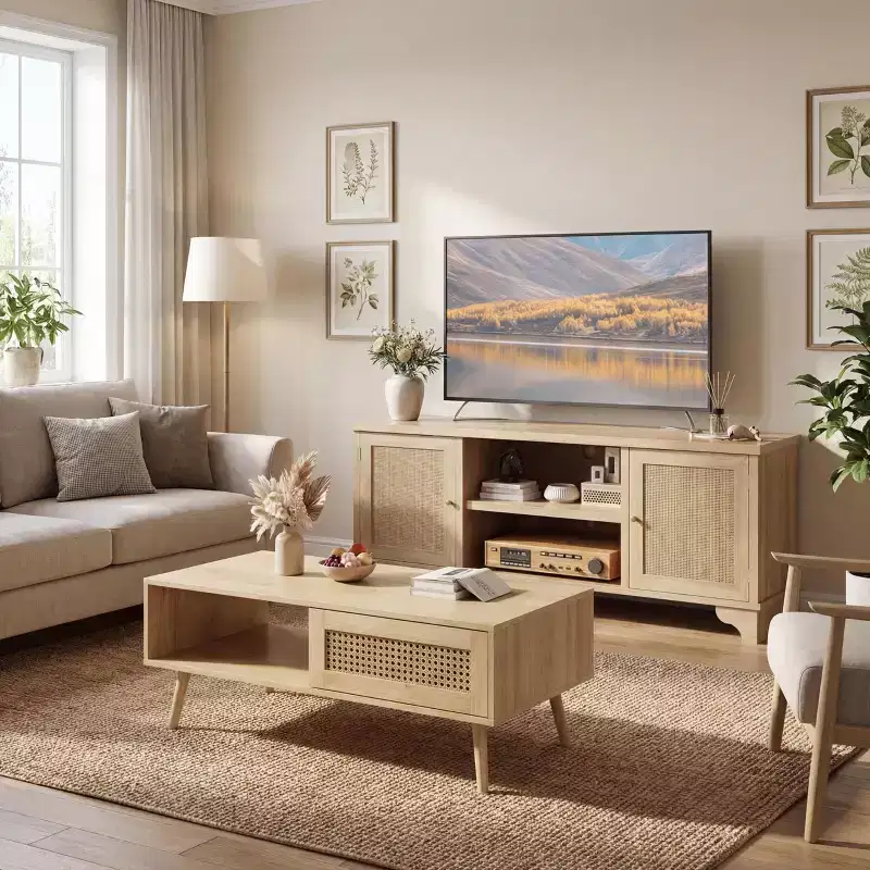 Living Room Table Sets of 2, Includes 47 Rattan TV Stand Storage Cabinet for 55 TV, Farmhouse Coffee Table with Storage Shelf for Bedroom
