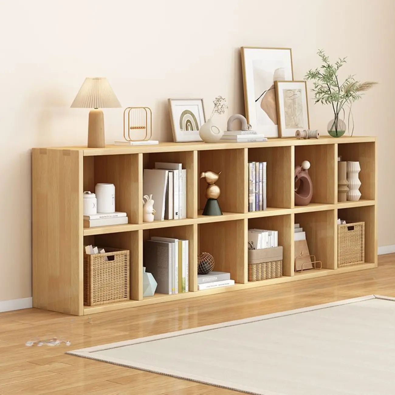 Modern Oak Bookcase Spacious Shelves Multi-Cabinets