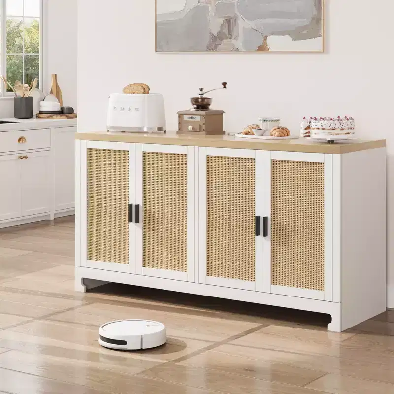 4 Doors and Shelf, Rattan Accent Storage Cabinet, Dining Room, Kitchen, Living Room