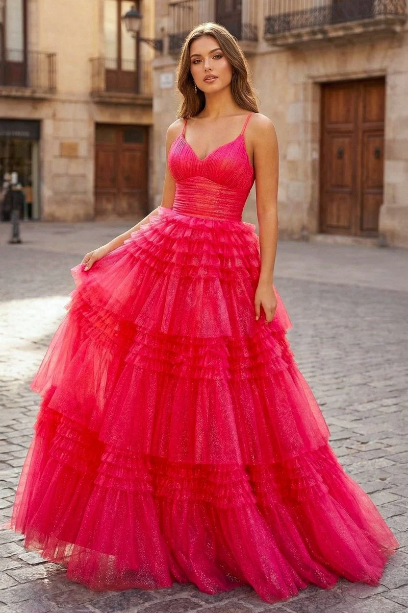 A-Line Deep V Neck Tiered Long Glitter Tulle Prom Dress