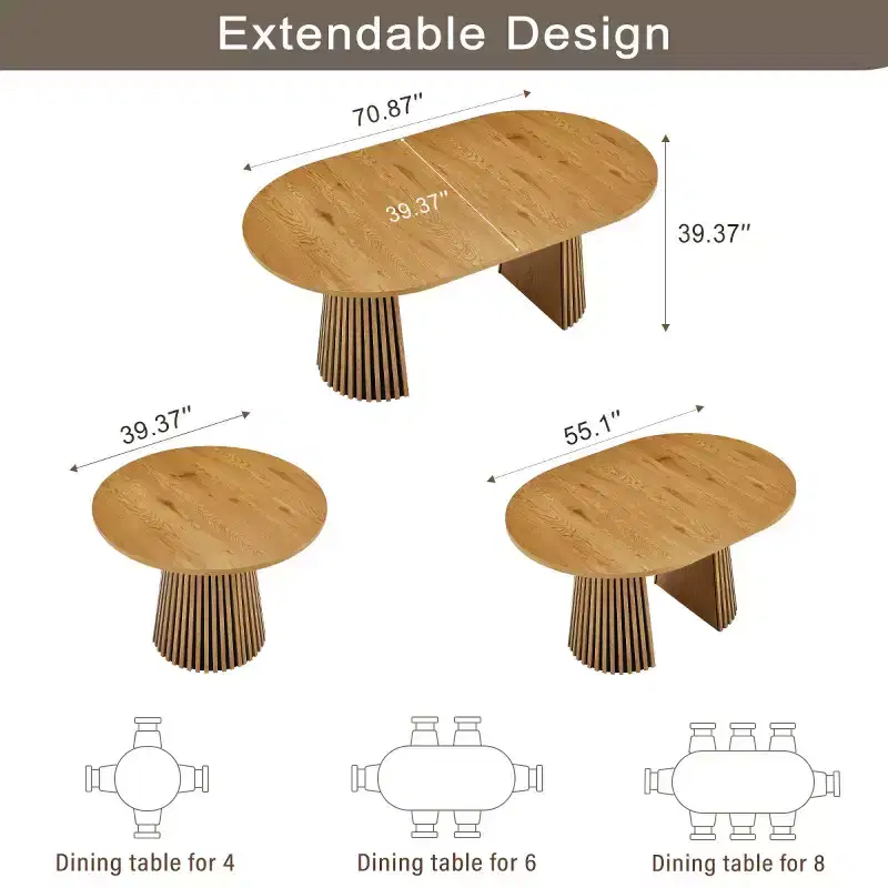 Modern Extendable Round Dining Table, Space-Saving Oval Table with Slatted Legs, Multi-Functional Kitchen, Tea Table or Office Desk-Panipeachy