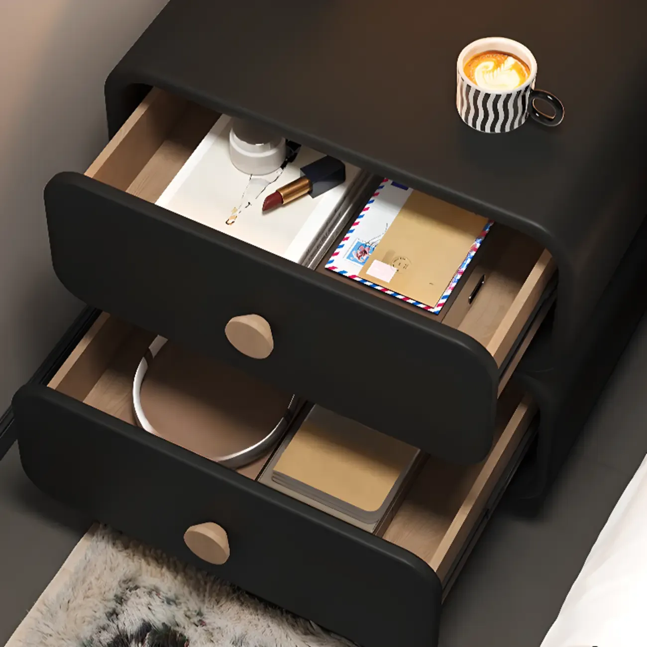 Solid Wood Leather-Top Black 2 Tiers Drawer Nightstand