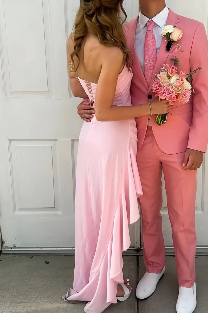 Pink - Mermaid Strapless Satin Pleated Long Prom Dress with Slit
