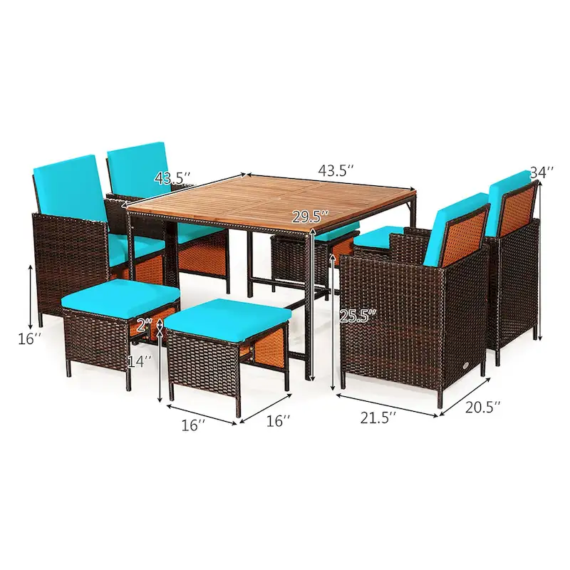 Costway 9PCS Patio Rattan Dining Set Cushioned Chairs Ottoman Wood - See Details